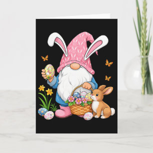 Tarjeta Conejo de Pascua de mujeres con gnomo día de Pascu