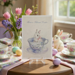 Tarjeta Conejo de Pascua en acuarela en taza de té Plegado