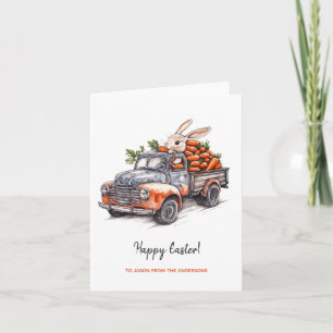 Tarjeta Conejo de Pascua en un camión rústico vintage