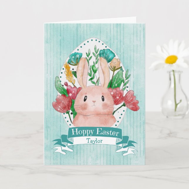 Tarjeta Conejo de Pascua feliz con flores (Planta pequeña)