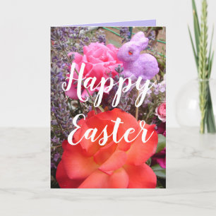 Tarjeta Conejo de Pascua jardín rosa rojo rosa floral de p