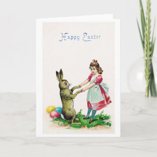 Tarjeta Conejo de Pascua vintage con niña