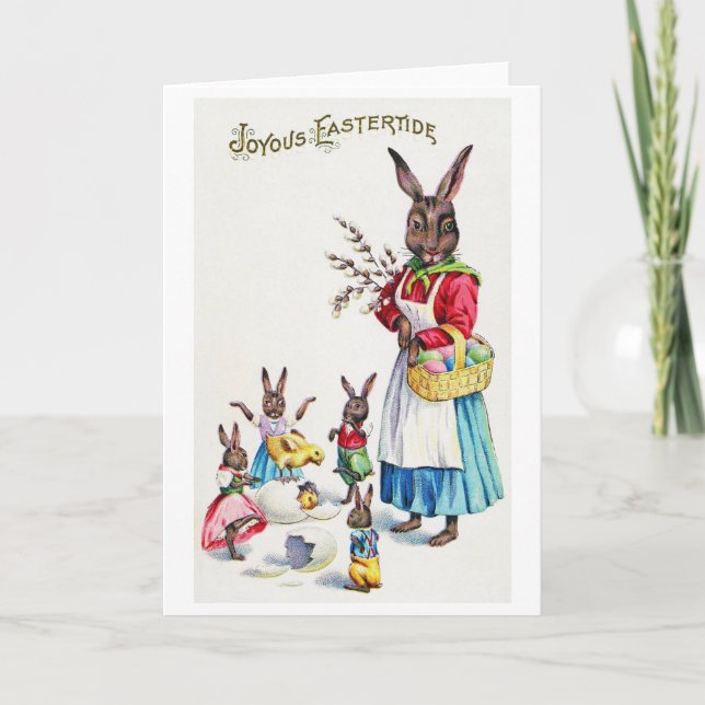 Tarjeta Conejo de Pascua Vintage Familia y Pollito (Anverso)