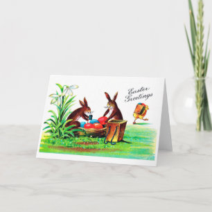 Tarjeta Conejo de Pascua vintage y pollito