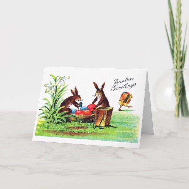 Tarjeta Conejo de Pascua vintage y pollito (Anverso)