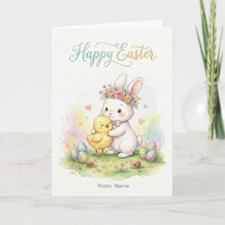 Tarjeta Conejo de Pascua y abrazo de pollito feliz