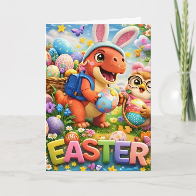 Tarjeta Conejo de Pascua y búho simpático feriado de prima (Anverso)