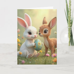 Tarjeta Conejo de Pascua y cervatillo en flores silvestres