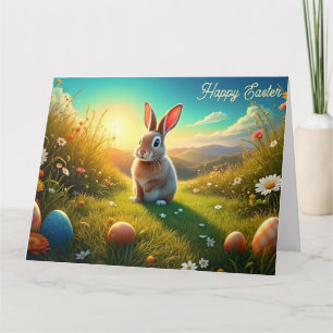 Tarjeta Conejo de Pascua y huevos coloridos en la magia de