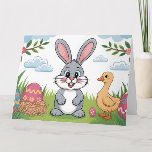 Tarjeta Conejo de Pascua y patito en prado primaveral