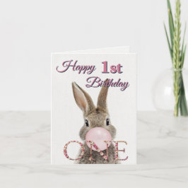 Tarjeta Conejo de primer cumpleaños soplando chicle rosa