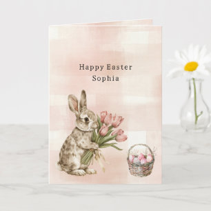 Tarjeta Conejo de tulipanes rosados Cesta de huevos de Pas