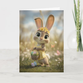 Tarjeta Conejo en amarillo con corona de flores y canasta 
