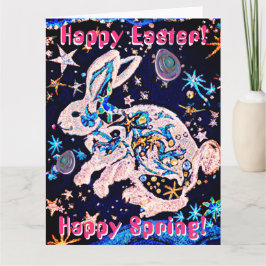 Tarjeta Conejo en el cielo con estrellas y huevos