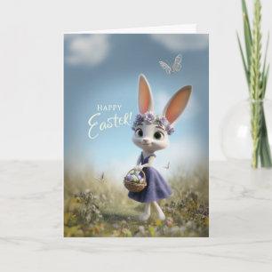 Tarjeta Conejo Feliz de Pascua con Corona de Flores y Cana