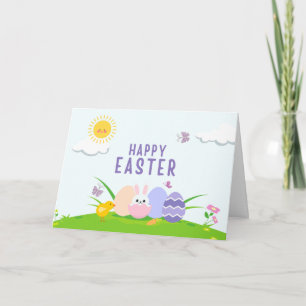 Tarjeta Conejo Feliz de Pascua, Huevos Pintados y Pollo