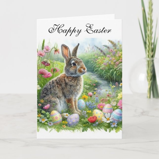Tarjeta Conejo Feliz de Pascua y Huevos de Fiesta  (Anverso)