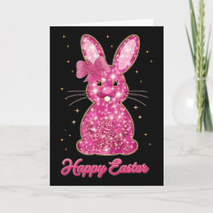 Tarjeta Conejo floral de Pascua con lazo azul adorable en 