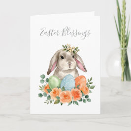 Tarjeta Conejo floral de primavera en acuarela, huevos de 