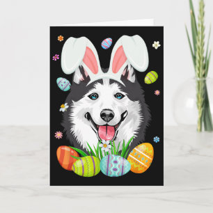 Tarjeta Conejo lindo cabeza de perro Husky Siberiano y hue