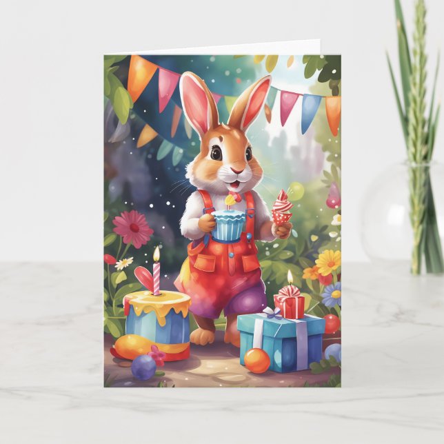 Tarjeta Conejo lindo con pastel, en el jardín de un fiesta (Anverso)