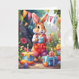 Tarjeta Conejo lindo con pastel, en el jardín de un fiesta