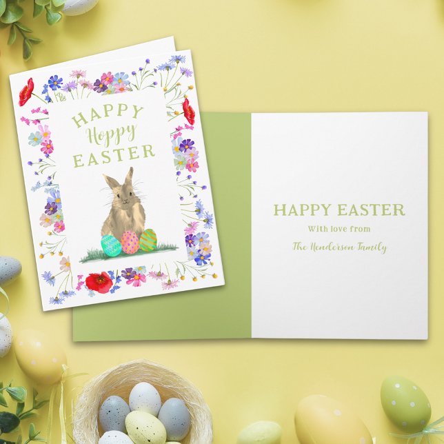 Tarjeta Conejo Lindo Floral Boho de Pascua con Cerveza Per (Personalized happy hoppy Easter cute bunny watercolor wildflower spring floral folded holiday card)