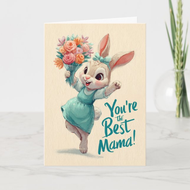 Tarjeta Conejo Pequeño Feliz Con Flores para el Día de la  (Anverso)