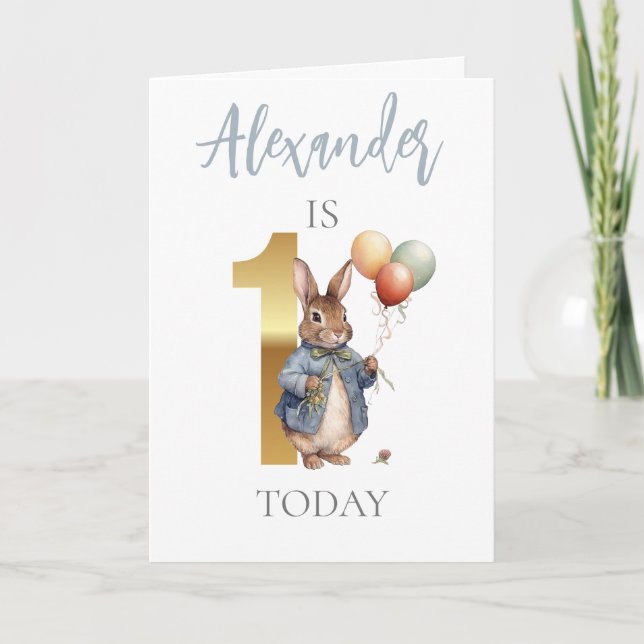 Tarjeta Conejo personalizado con globos Cumpleaños primero (Anverso)