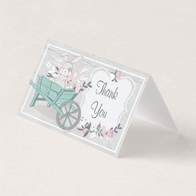 Tarjeta conejo primaveral gris rubor floral plegado gracia (Anverso)