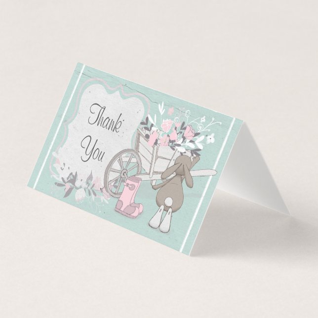 Tarjeta conejo primaveral turquesa floral plegado gracias (Anverso)