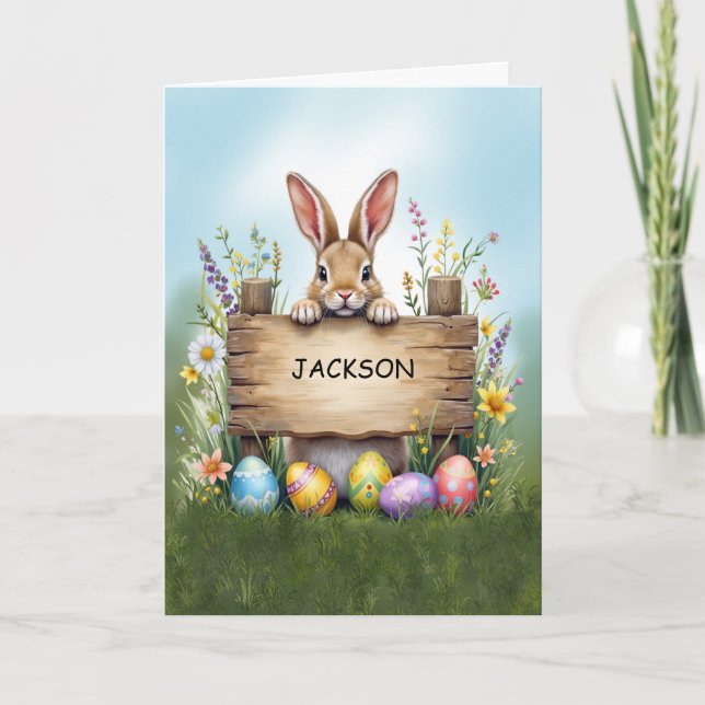 Tarjeta Conejo rústico de Rótulo en hierba con huevos de P (Anverso)