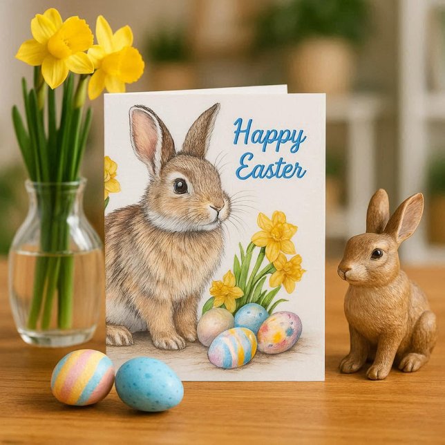 Tarjeta Conejo Salvaje con Narcisos Fiesta de Pascua  (Share this charming Easter card featuring a delightful wild rabbit design with friends and family)