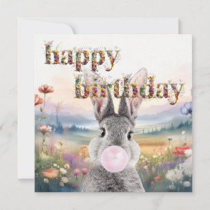 Tarjeta Conejo soplando chicle rosa Feliz Cumpleaños