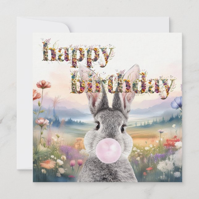 Tarjeta Conejo soplando chicle rosa Feliz Cumpleaños (Anverso)