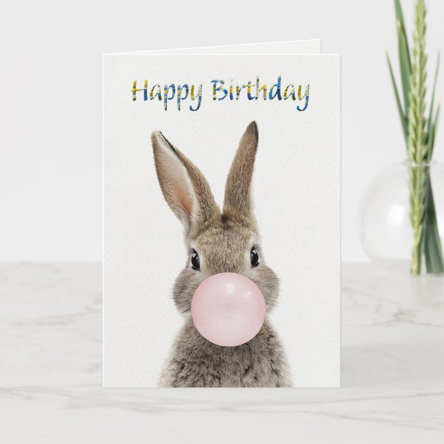 Tarjeta Conejo soplando chicle rosa Feliz Cumpleaños (Anverso)