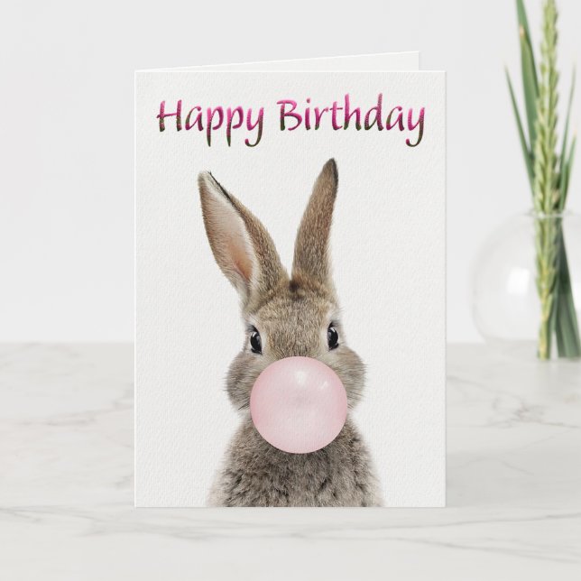 Tarjeta Conejo soplando chicle rosa Feliz Cumpleaños (Anverso)