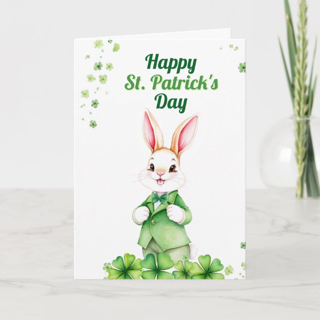 Tarjeta Conejo Verde Elegante con Tréboles Día de San Patr (Anverso)