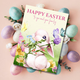 Tarjeta Conejo y mariposas de acuarela Pascua