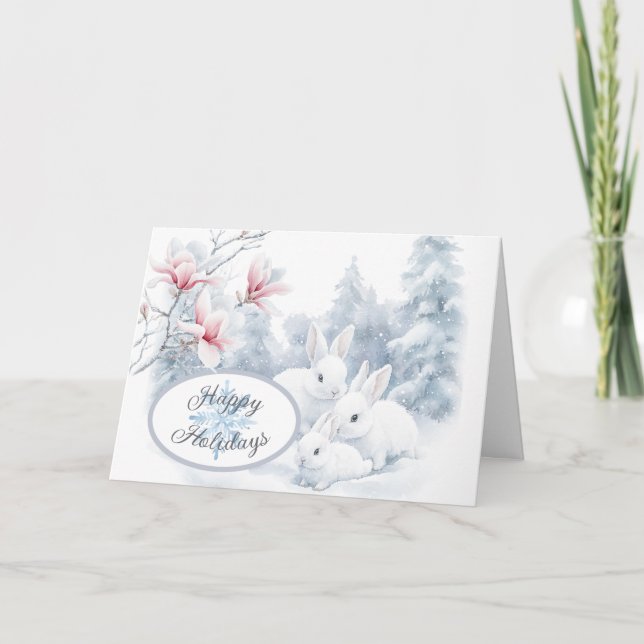 Tarjeta Conejos blancos en vacaciones de invierno de nieve (Anverso)