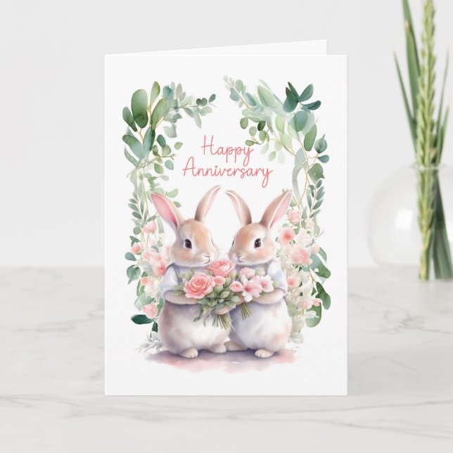 Tarjeta Conejos de aniversario boda con flores acuáticas (Anverso)