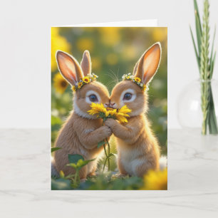Tarjeta Conejos de aniversario oliendo un girasol amarillo