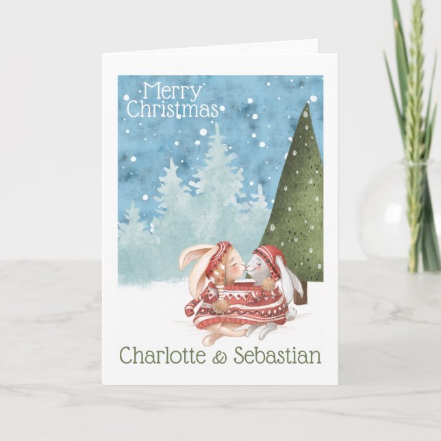 Tarjeta Conejos de Pascua besándose en Jersey de Invierno (Anverso)