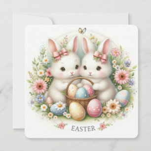 Tarjeta Conejos de Pascua con lazos de flores