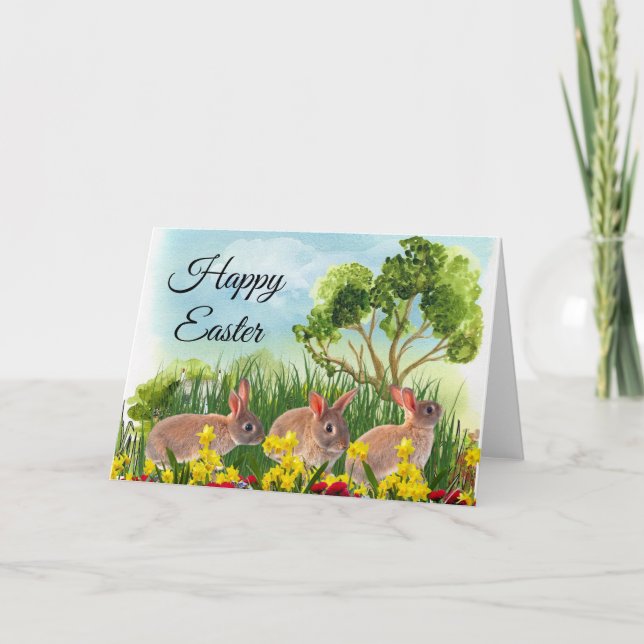 Tarjeta Conejos de temporada de primavera en los jardines  (Anverso)
