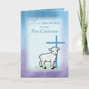 Tarjeta Confesión de niño primero, cordero, cruz en grupo 