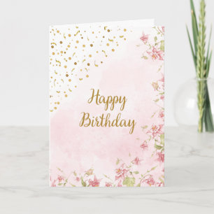 Tarjeta Confeti dorado y hermosas flores rosadas feliz cum