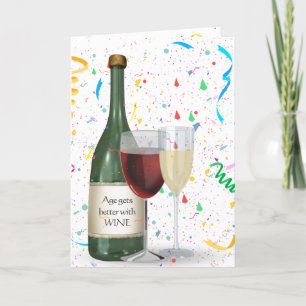 Tarjeta Confetti de cumpleaños y botella de vino