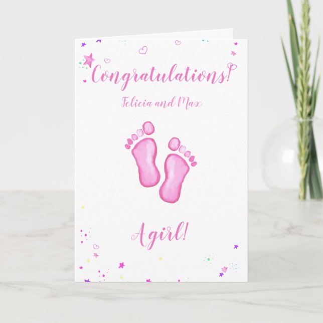 Tarjeta Congratulations a baby girl customizable names (Anverso)