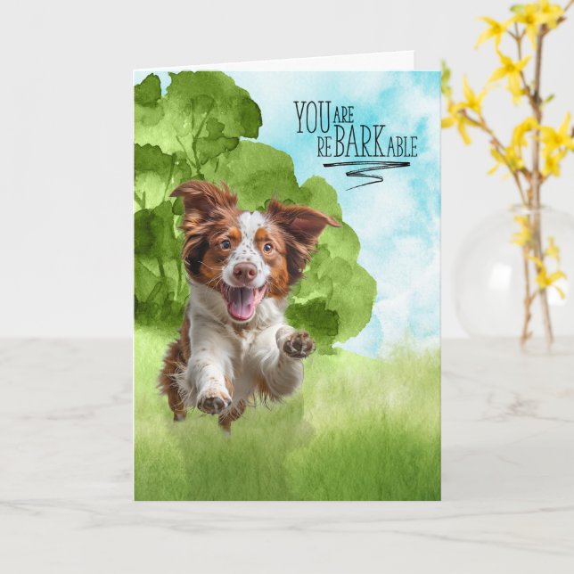 Tarjeta Congratulations reBARKable Brittany Spaniel Dog (flor amarilla)